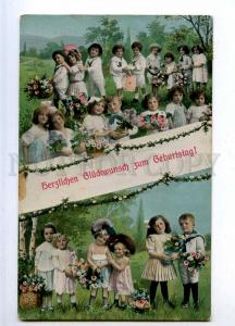 190174 MULTIPLE BABIES Kids Flowers HAPPY BIRTHDAY Vintage PC