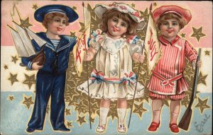 Fourth of July Red White and Blue Children Gun Toy Boat c1910 Postcard