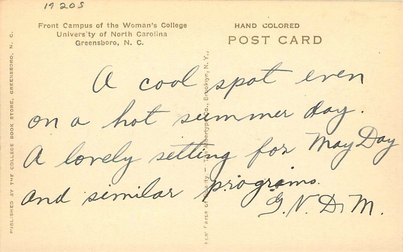 Greensboro North Carolina Front Camus Women's College 1920s Postcard 24-9267