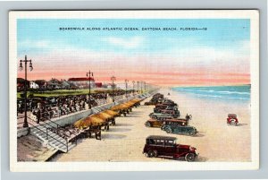 Daytona Beach, FL-Florida, Boardwalk, Ocean, Period Cars, Vintage Linen Postcard