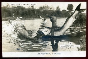 h1992 - COTTAM Ontario 1930s Exaggeration Boat Fishing. Real Photo Postcard