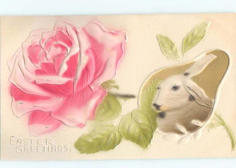 Pre-Linen Easter HEAVILY EMBOSSED - BUNNY RABBIT WITH ROSE FLOWER AB4241