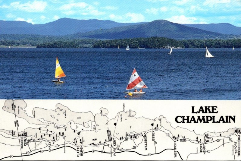 New York Adirondacks Lake CHamplain Map and Sailboats