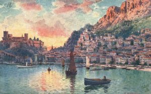 Vintage Postcard Interior View of The Port Monte Carlo Waterfront Monaco Artwork