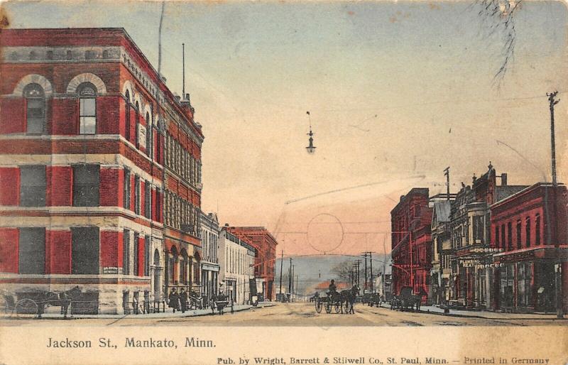 Mankato Minnesota~Jackson Street~Dr Snow Dentist~Plumbing Heating~Pianos~1909  