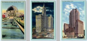 3 Postcards CHICAGO, IL ~ Adler Planetarium, Wrigley Building Night, Civic Opera