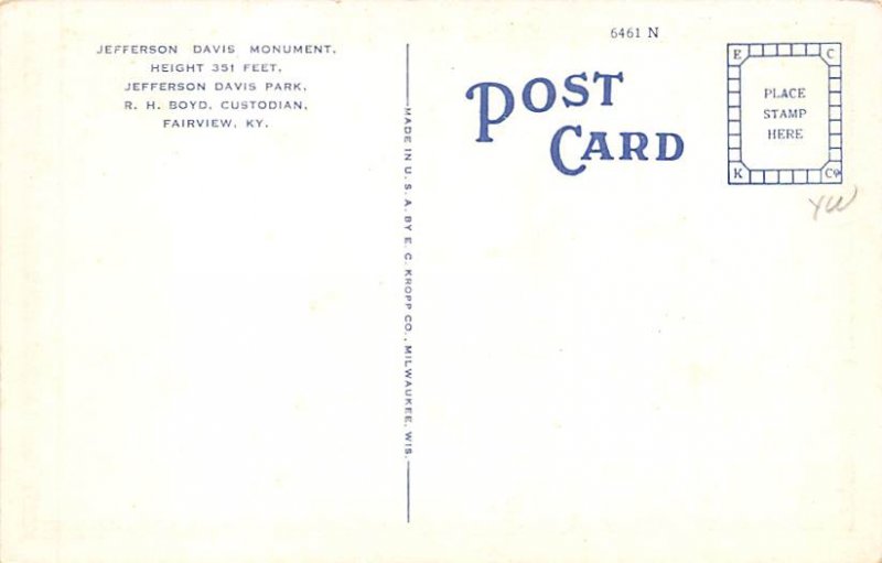 Civil War Post Cards Jefferson Davis monument Fairview, Kentucky, USA Unused