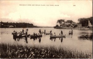 Penobscot River and Indian Island, Old Town ME Canoes Vintage Postcard P55