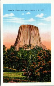 Vtg 1930s Devil's Tower near Black Hills South Dakota SD Unused Linen Postcard