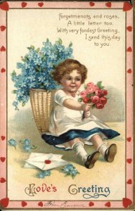 VALENTINE Little Girl w Forget Me Nots and Roses HEART BORDER c1910 Postcard