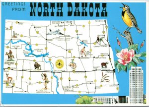 Postcard ND map - Greetings from North Dakota - bird flower state capitol