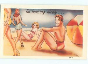 Pre-1980 Risque signed MAN WATCHING SEXY GIRLS ON BEACH AC7164@