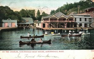 Vintage Postcard 1905 Charles Auburndale Boat House Recreation Massachusetts MA