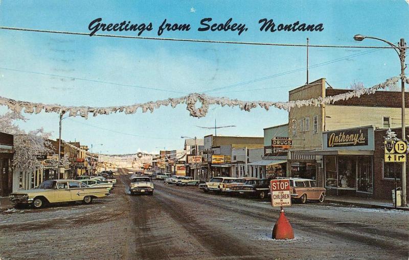 SCOBEY, MT Montana STREET SCENE  Anthony's~Service Drugs~50's Cars~Xmas Wreath