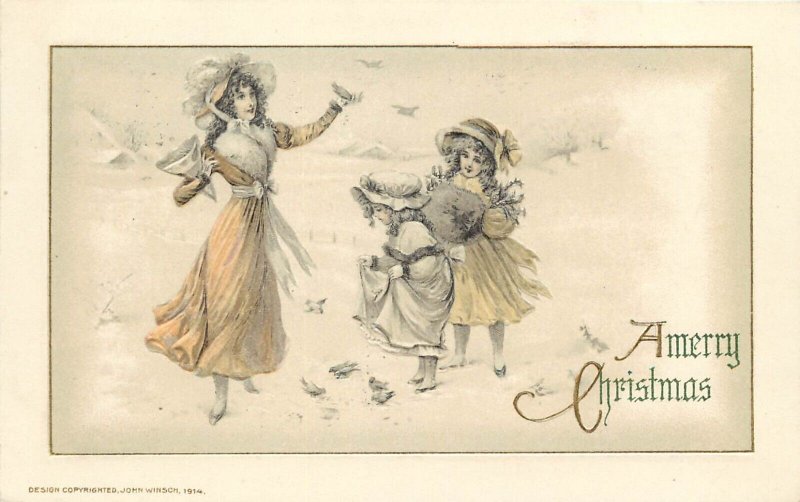 Embossed Winsch Christmas Postcard; Lovely Lady & Girl Feeding Birds in Snow