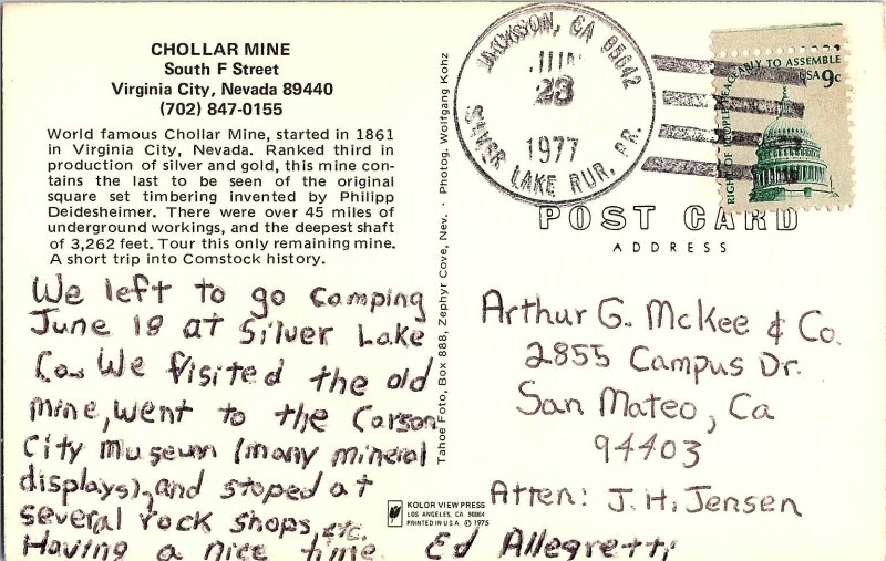Chollar Mine Virginia City Nevada Multiview Postcard 1977