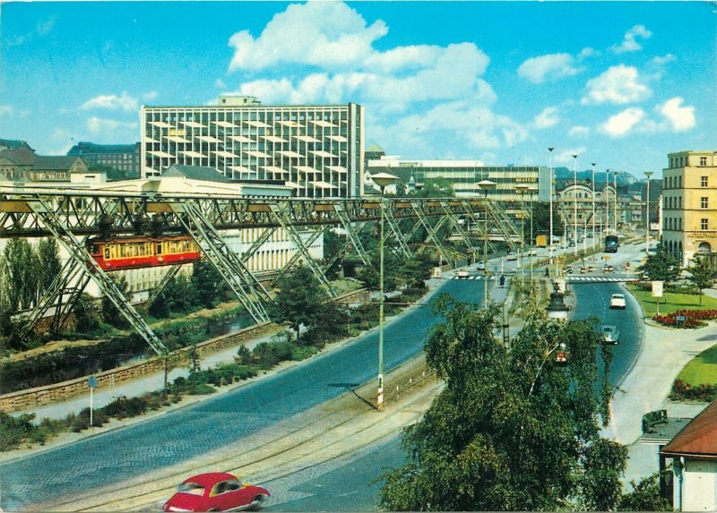 Postcard Germany Wuppertal Friedrich Engels highway upside-down railway train