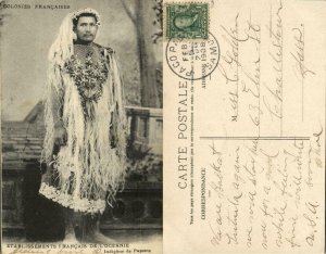 french polynesia, TAHITI PAPEETE, Native Man in Costumes (1908) Sent from Samoa