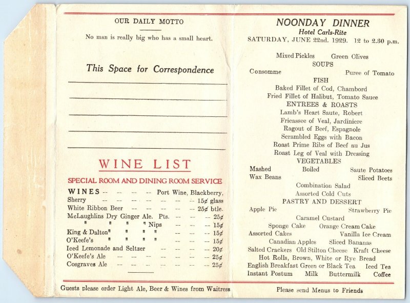 Hotel Garls Rite Building Toronto Canada Multiview Flags Wine List Menu Postcard