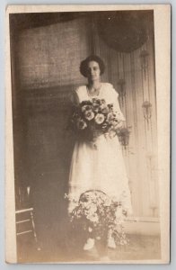 RPPC Woman With Flower Bouquet And Basket Interior View Postcard P21