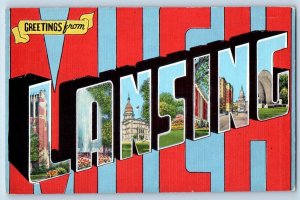 Lansing Michigan MI Postcard Large Letter Greetings Landmarks c1940's Vintage