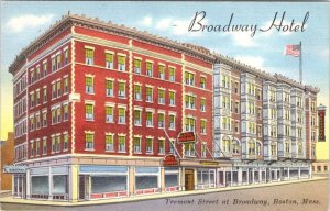 Boston, MA Massachusetts  BROADWAY HOTEL  ca1940's Linen ADVERTISING Postcard