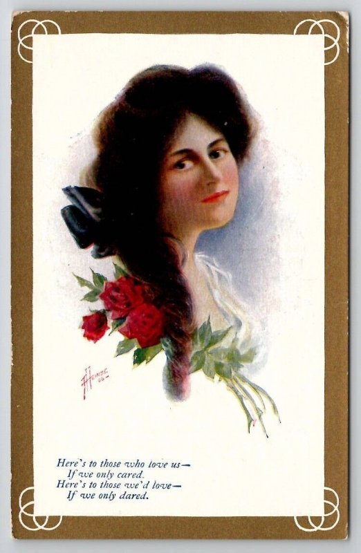 Lovely Woman  Long Brown Hair Red Roses Artist Signed Postcard E30