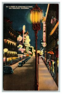 Vintage 1939 Postcard Street Light at Night Chinatown San Francisco California