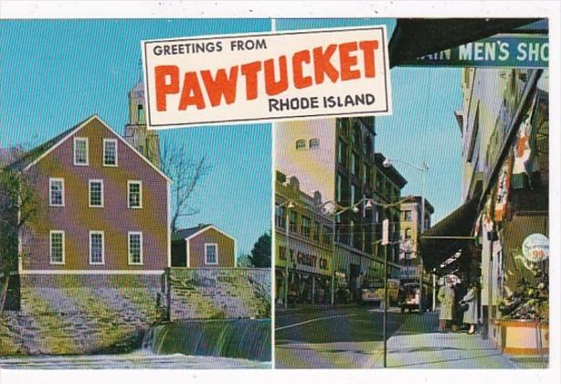 Rhode Island Greetings From Pawtucket Showing Main Street and Old Slater Mill