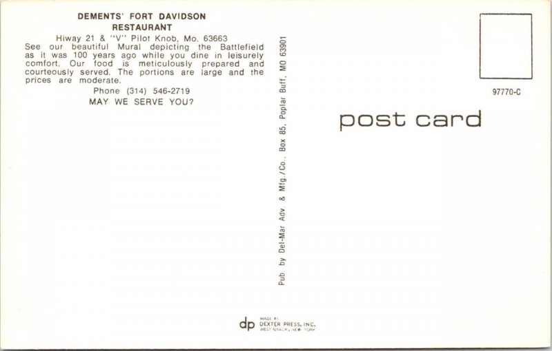 Pilot Knob, MO Missouri  DEMENTS FORT DAVIDSON RESTAURANT  Roadside Postcard