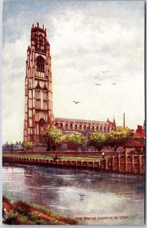 The Parish Church Boston ENGLAND Tuck Oilette Painting Hand Colored Postcard