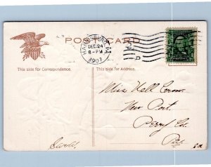 1906 MERRY CHRISTMAS RED RIBBON HOLLY P. SANDER VICTORIAN EMBOSSED POSTCARD