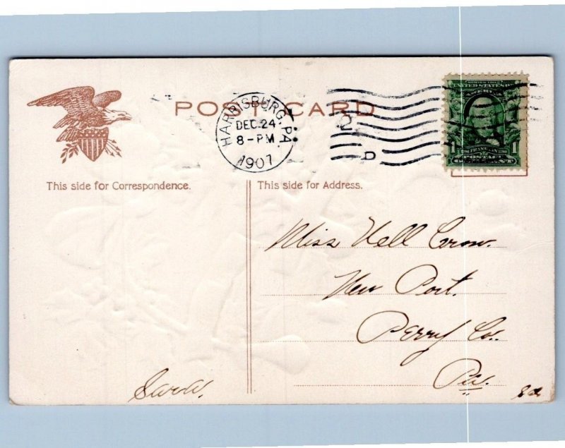 1906 MERRY CHRISTMAS RED RIBBON HOLLY P. SANDER VICTORIAN EMBOSSED POSTCARD