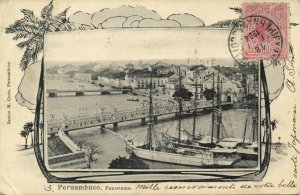 brazil, RECIFE, Pernambuco, Panorama, Bridge, Ship (1904) R.M. Costa Postcard