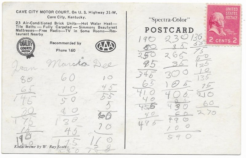 US Cave City Motor Court, Kentucky. card used and stamped, not mailed.