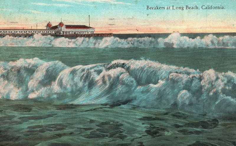 Vintage Postcard 1925 Breakers Pier Harbor Big Waves Long Beach California CA