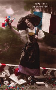 Victorian Lady with a Flag and a Flower Bouquet Vintage RPPC C387