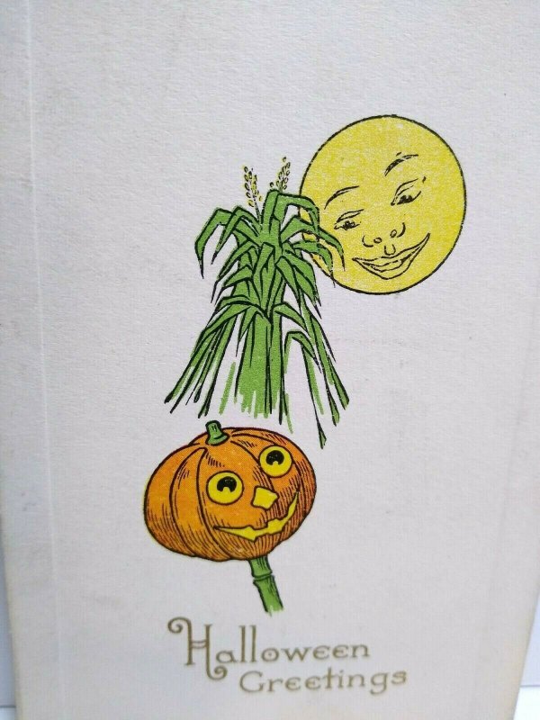 Vintage Halloween Postcard Gibson Mr Moon Smiling On Pumpkin Head Man Unused