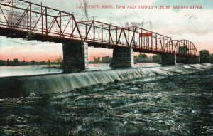 Vintage Postcard 1909 Dam And Bridge Across Kansas River Lawrence Kansas KS