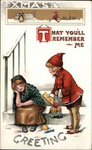 Christmas Little Boy Brings Toys to Poor Beggar Girl Vintage Postcard