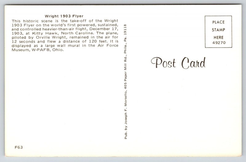 Aviation~Kitty Hawk North Carolina~Orville Wright 1903 Flyer~1950s Postcard