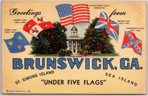 1912 Greetings From Brunswick Georgia St. Simons Island Five Flags Postcard