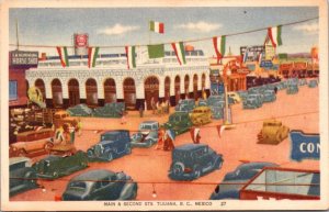 Linen Postcard Main and Second Streets in Tijuana, Baja California, Mexico