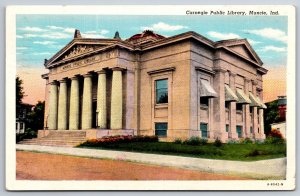 Muncie Indiana~Carnegie Public Library Bldg Street View~PM 1947~Linen Postcard