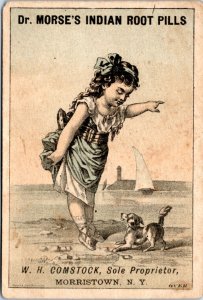Trade Card - Dr. Morse's Indian Root Pills - Girl and puppy at beach