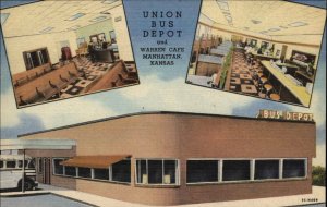 Manhattan KS Union Bus Depot Station Art Deco Linen Postcard