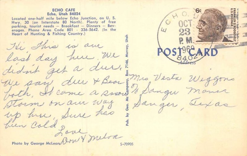 Echo Utah Echo Cafe Greetings Vintage Postcard AA67211
