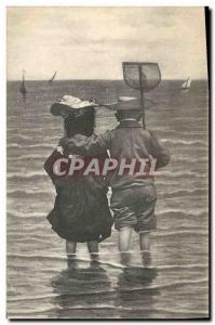 Postcard Old Fishing Children