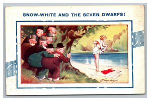 Vintage 1944 Risqué Comic Postcard Snow White about to Skinny Dip Dwarfs Watch