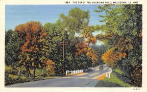 Sheridan Road Waukegan Illinois linen postcard